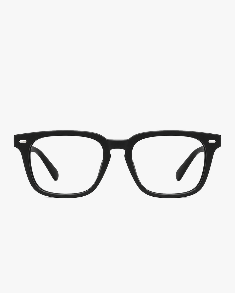 Atlas Square Optical Frames in Matte Black, front view on a light gray studio background