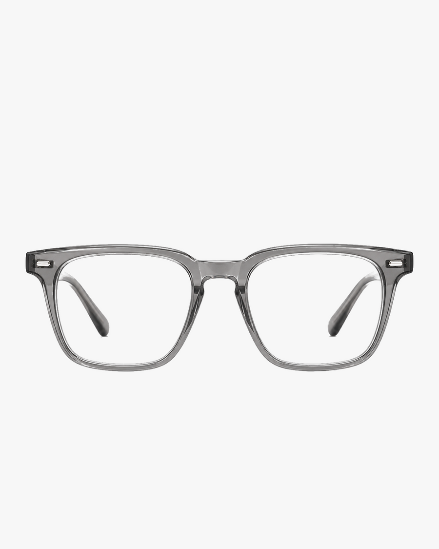 Atlas Square Optical Frames in Crystal Smoke, front view on a light gray studio background