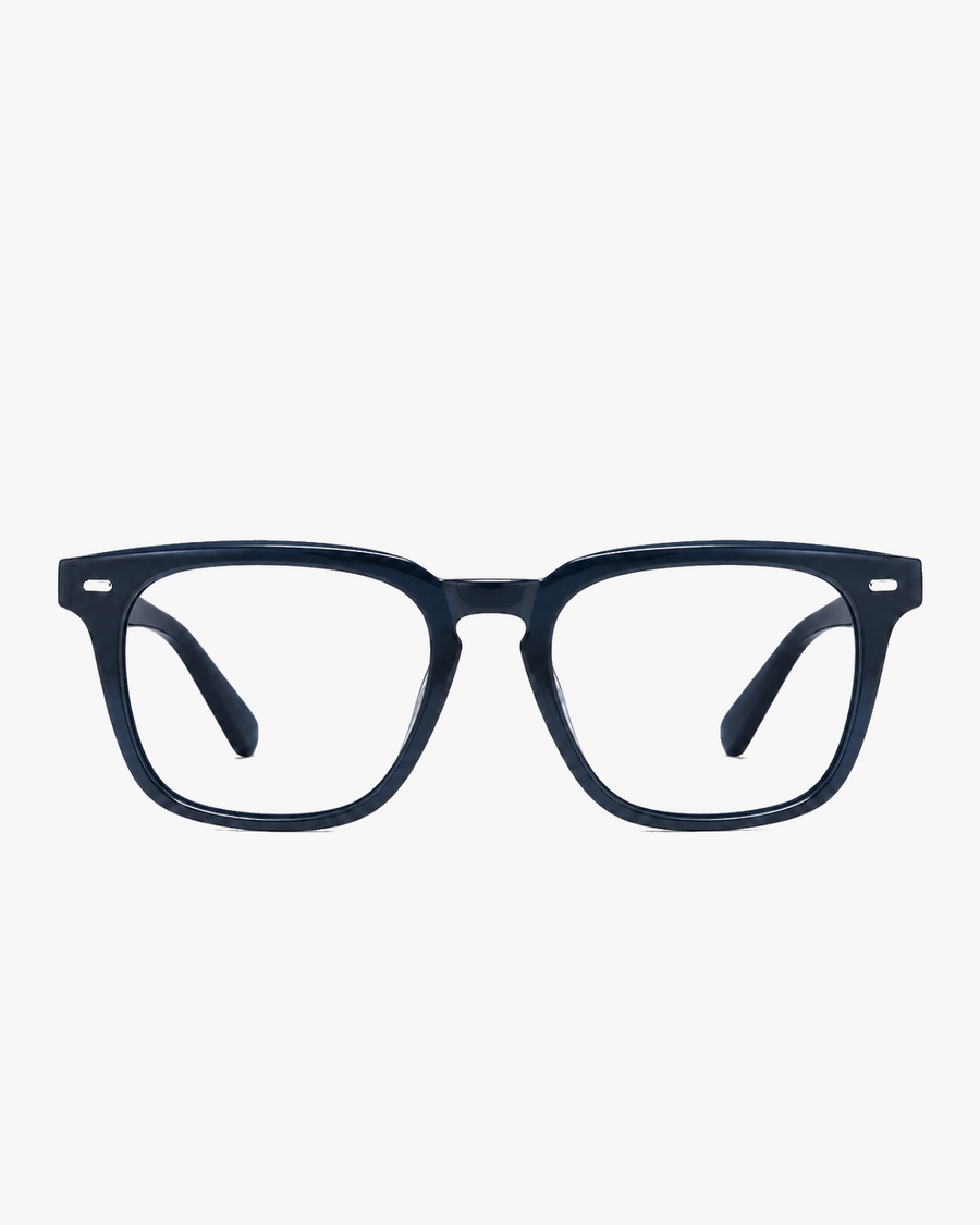 Atlas Square Optical Frames in Navy Slate, front view on a light gray studio background