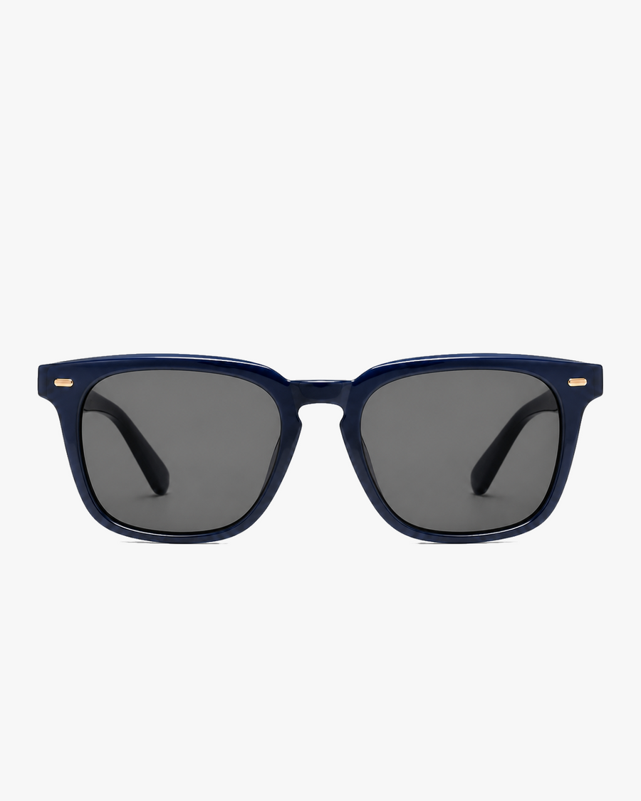 Harbor Polarized Sunglasses in Navy and Grey Polarized, front view on a light gray studio background