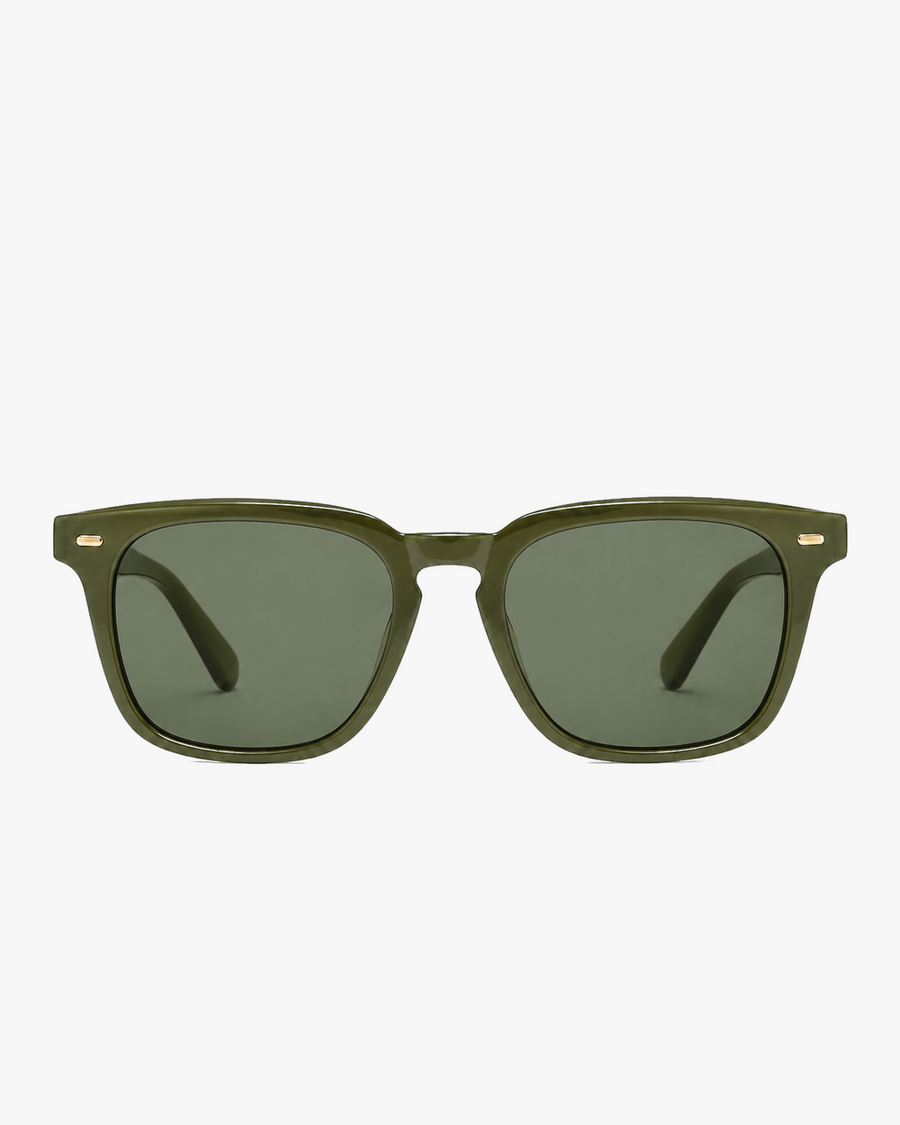 Harbor Polarized Sunglasses in Olive and Green Polarized, front view on a light gray studio background