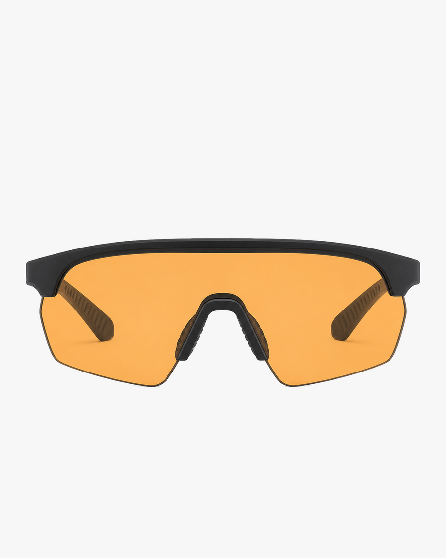 Summit Sport Shield Glasses in Amber Contrast, front view on a light gray studio background