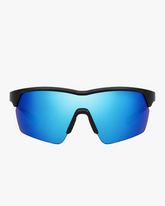 Summit Sport Shield Glasses in Blue Mirror, front view on a light gray studio background