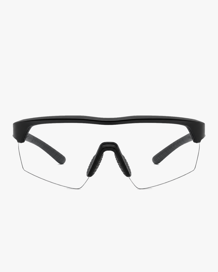 Summit Sport Shield Glasses in Clear Performance, front view on a light gray studio background