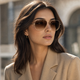 Model wearing Vela Aviator Sunglasses in a natural lifestyle setting