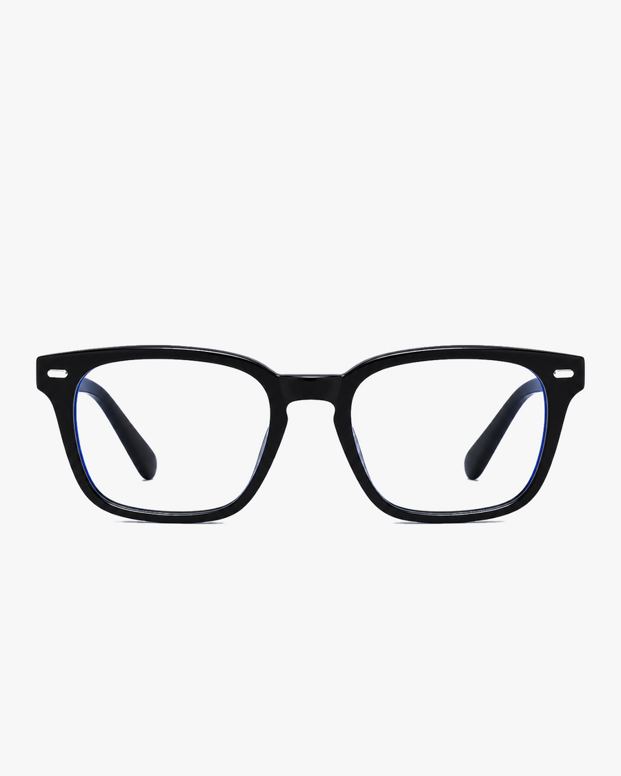 Metro Blue Light Frames in Black, front view on a light gray studio background
