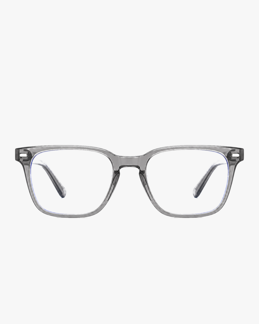Metro Blue Light Frames in Clear Grey, front view on a light gray studio background