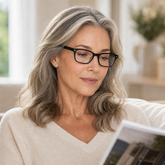 Model wearing Serena Reading Glasses in a natural lifestyle setting