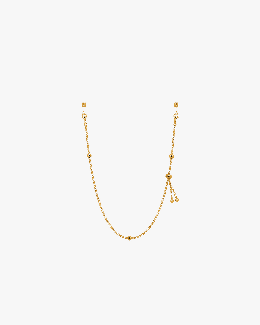 Adjustable Glasses Chain in Gold Tone, front view on a light gray studio background