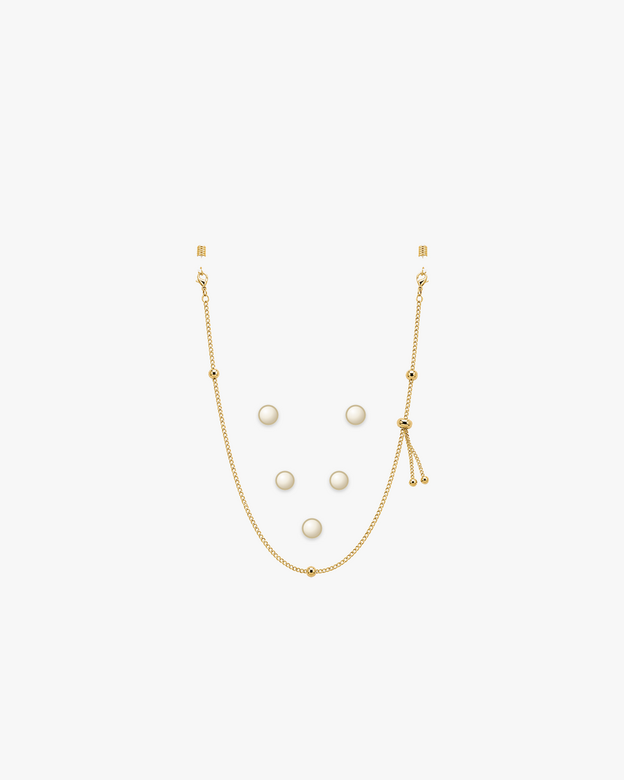 Adjustable Glasses Chain in Pearl Accent, front view on a light gray studio background