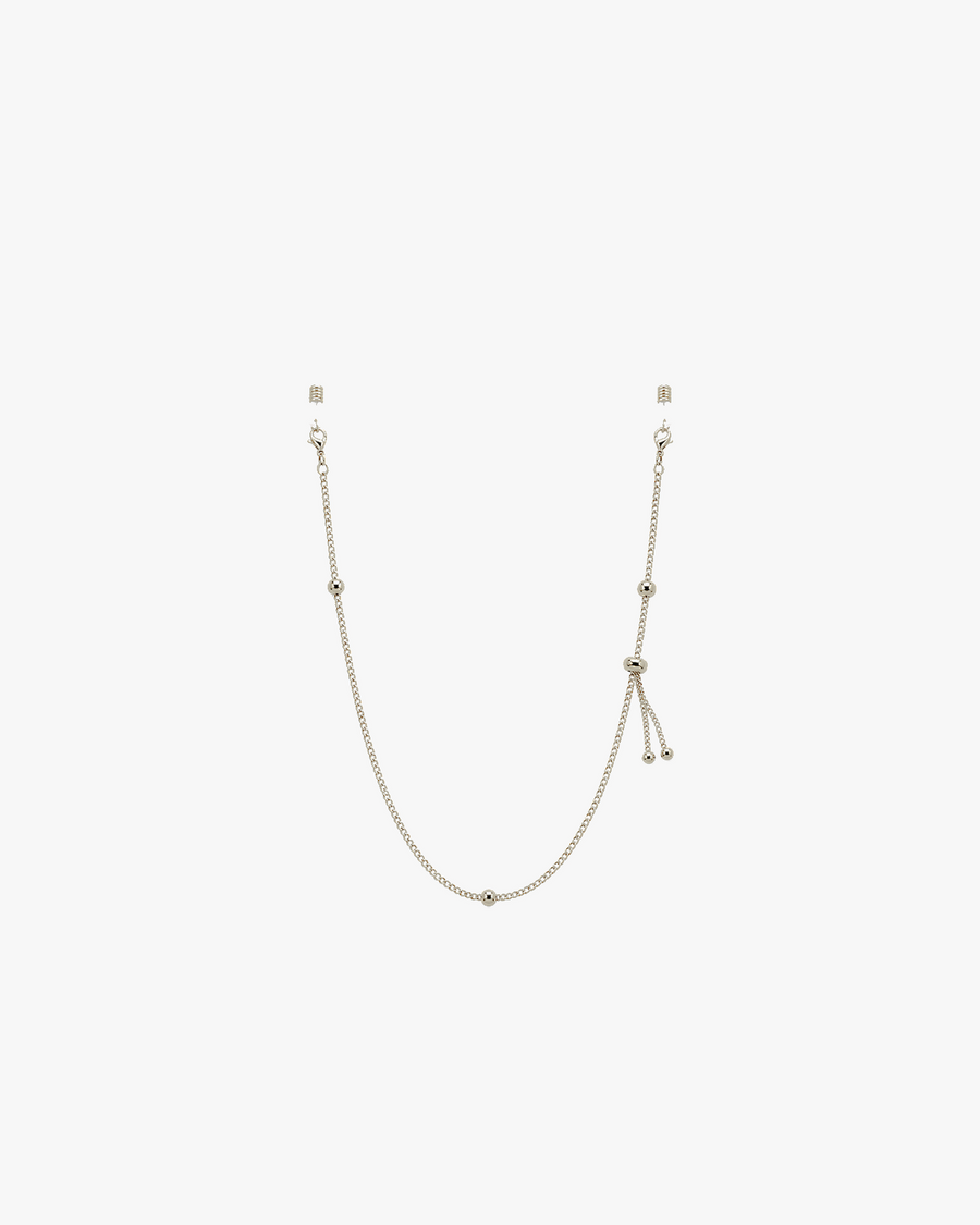 Adjustable Glasses Chain in Silver Tone, front view on a light gray studio background