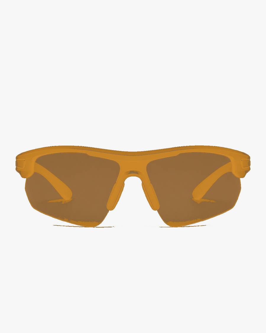 Aero Wrap Sports Glasses in Amber Trail, front view on a light gray studio background