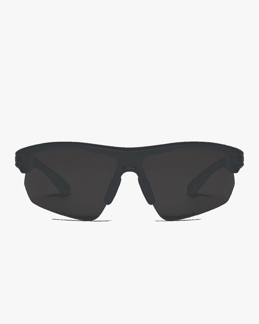 Aero Wrap Sports Glasses in Smoke Black, front view on a light gray studio background