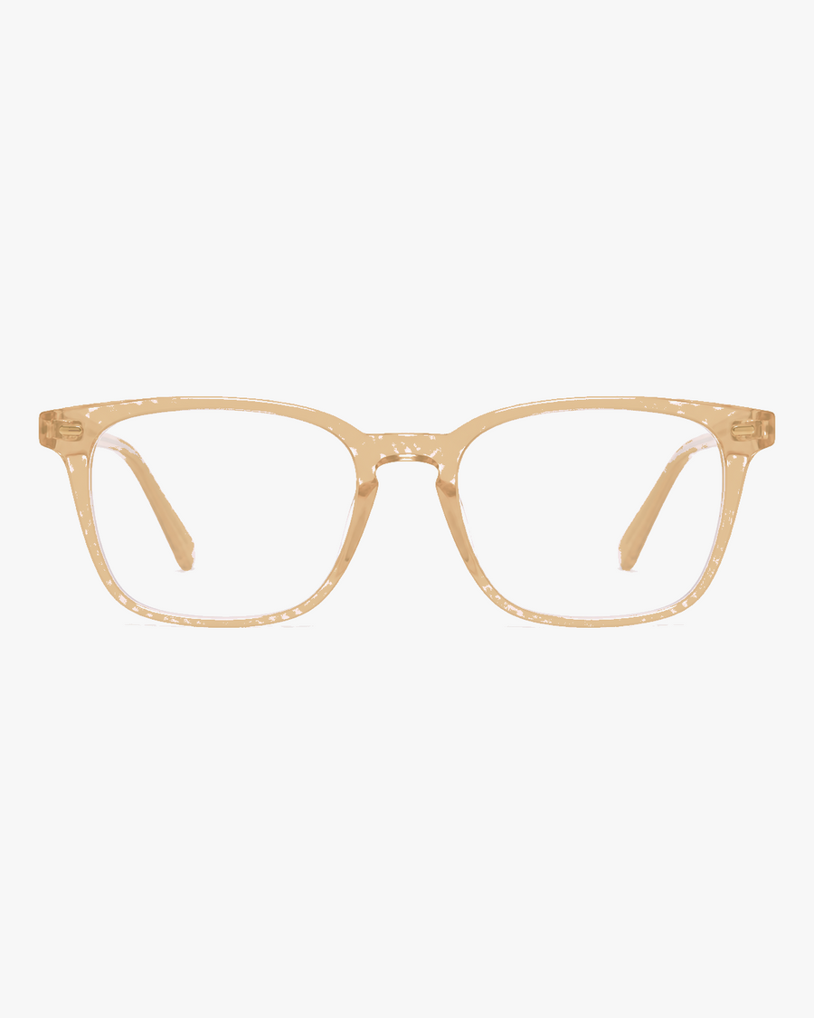 Aurora Blue Light Glasses in Champagne, front view on a light gray studio background