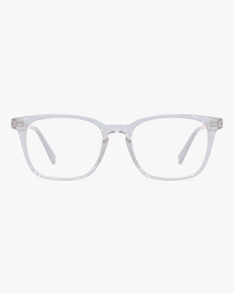 Aurora Blue Light Glasses in Crystal Clear, front view on a light gray studio background