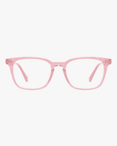 Aurora Blue Light Glasses in Soft Pink, front view on a light gray studio background