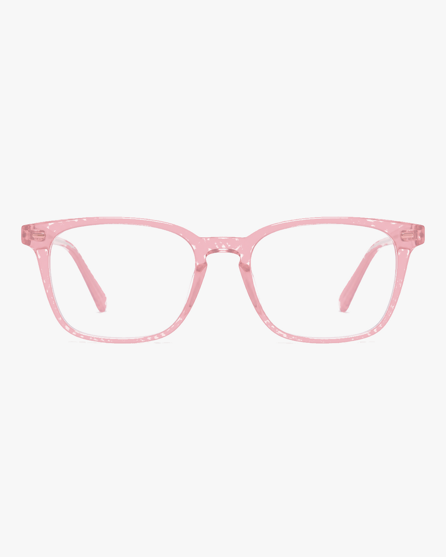 Aurora Blue Light Glasses in Soft Pink, front view on a light gray studio background
