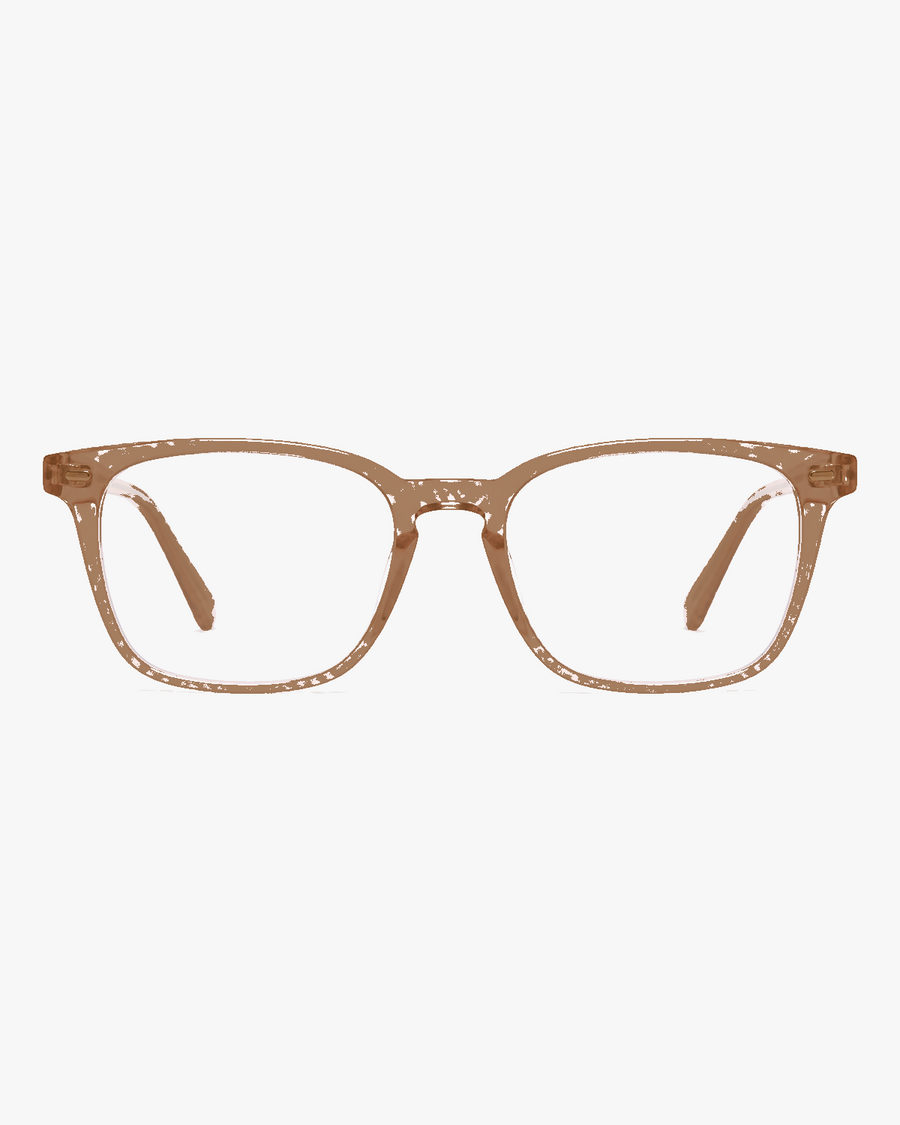 Aurora Blue Light Glasses in Warm Tortoise, front view on a light gray studio background