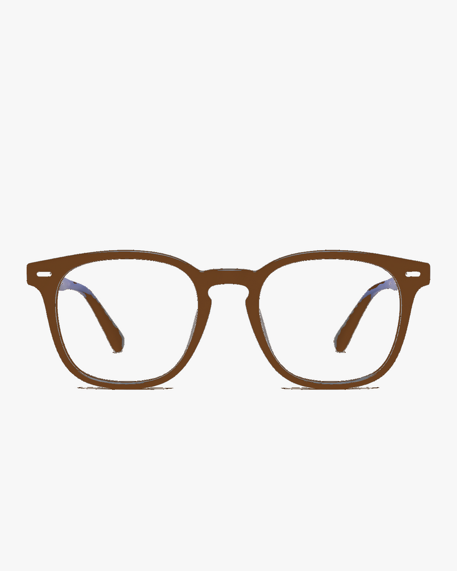 Keystone Blue Light Glasses in Walnut Tortoise, front view on a light gray studio background