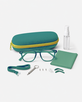 Kids Starter Eyewear Kit in Green, complete kit on a light gray studio background