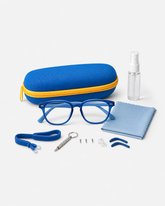 Kids starter eyewear kit with blue frames, case, cloth, lens spray, and repair accessories