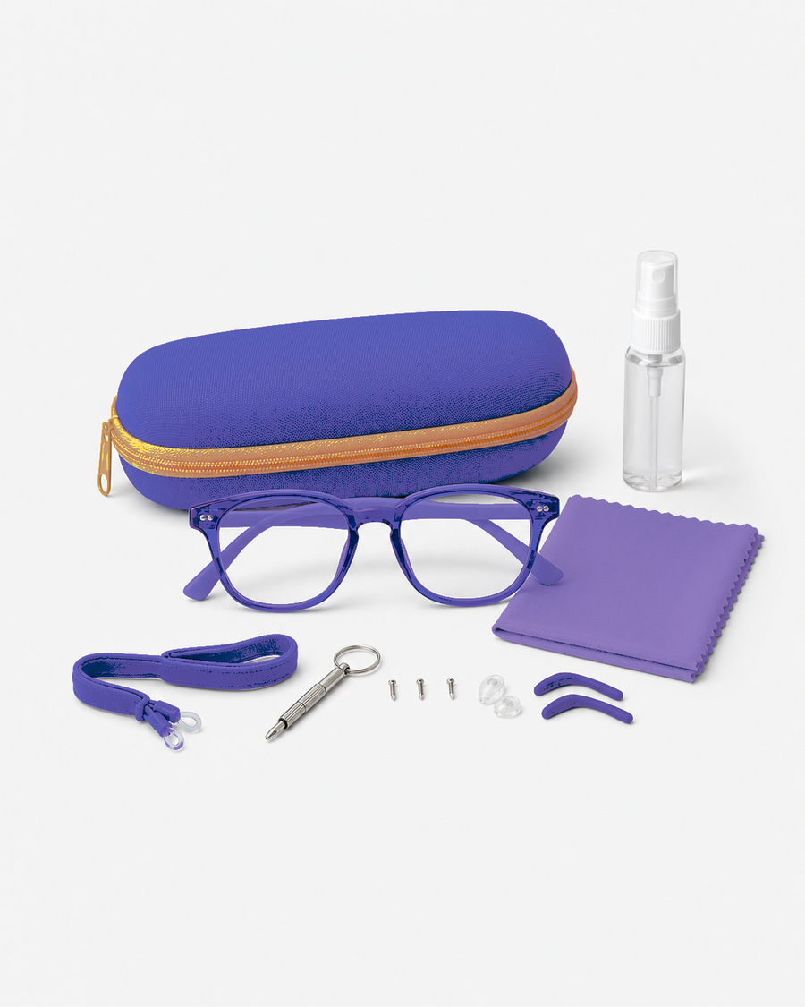 Kids Starter Eyewear Kit in Purple, complete kit on a light gray studio background