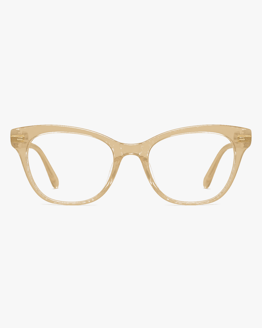 Luna Cat-Eye Optical Frames in Champagne Crystal, front view on a light gray studio background