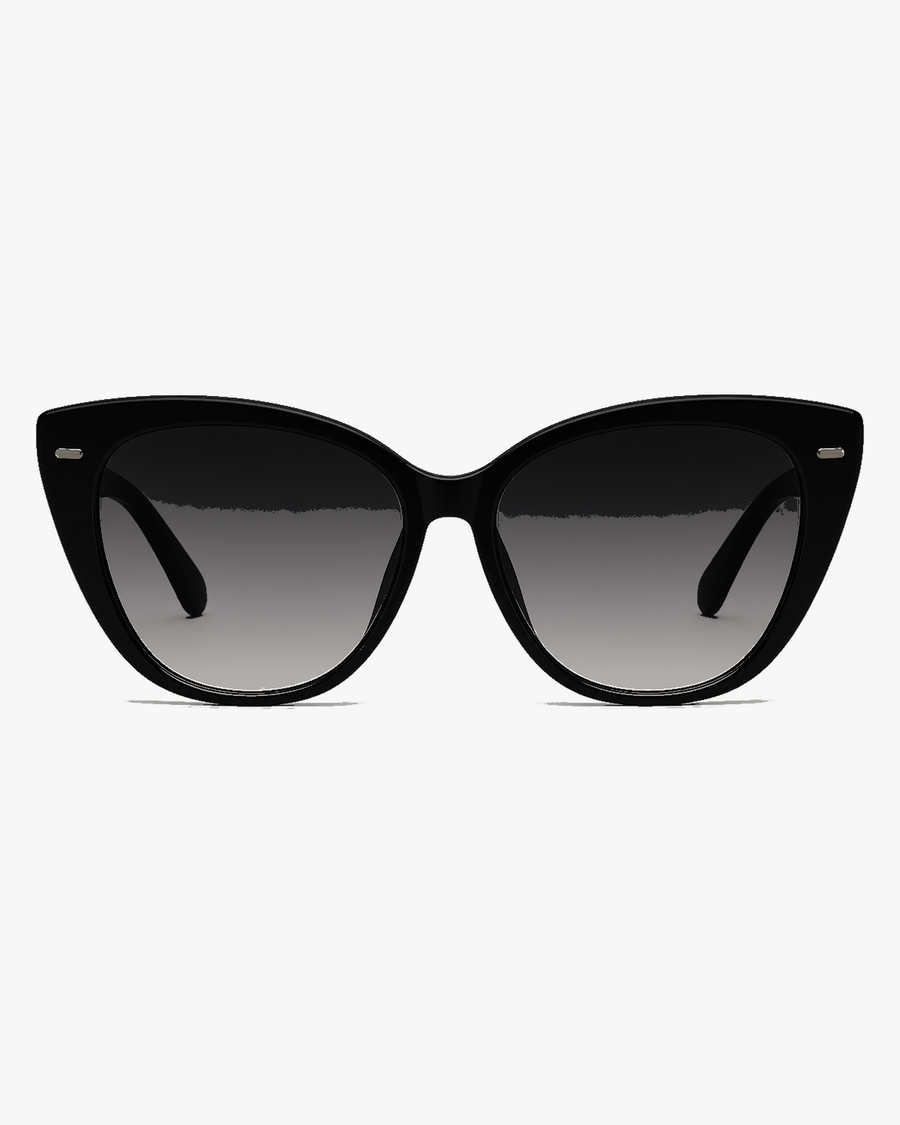 Maris Butterfly Sunglasses in Black and Smoke Gradient, front view on a light gray studio background