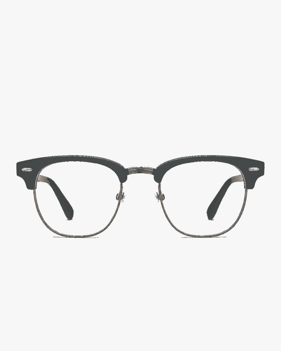Mercer Browline Optical Frames in Black and Gunmetal, front view on a light gray studio background