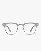 Mercer Browline Optical Frames in Navy and Silver, front view on a light gray studio background