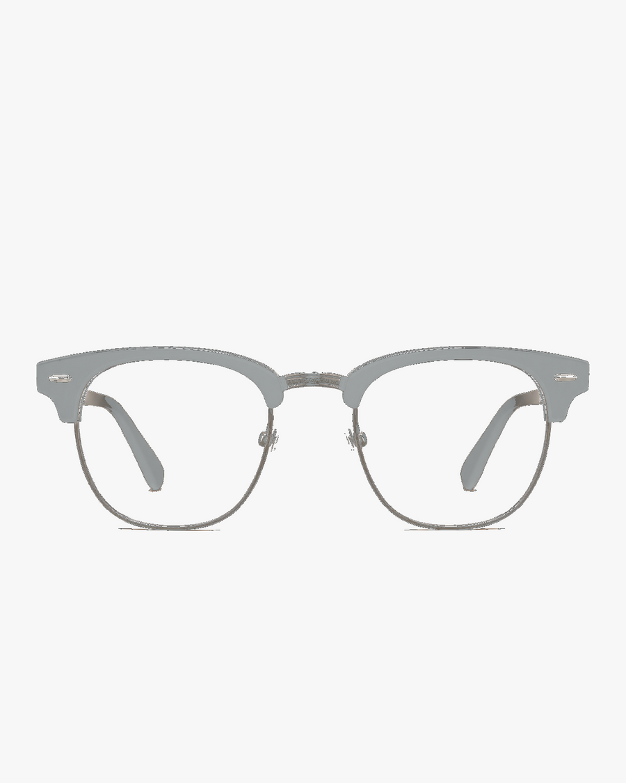 Mercer Browline Optical Frames in Navy and Silver, front view on a light gray studio background
