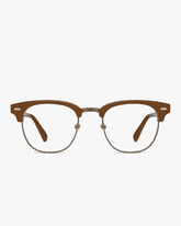 Mercer Browline Optical Frames in Walnut and Bronze, front view on a light gray studio background