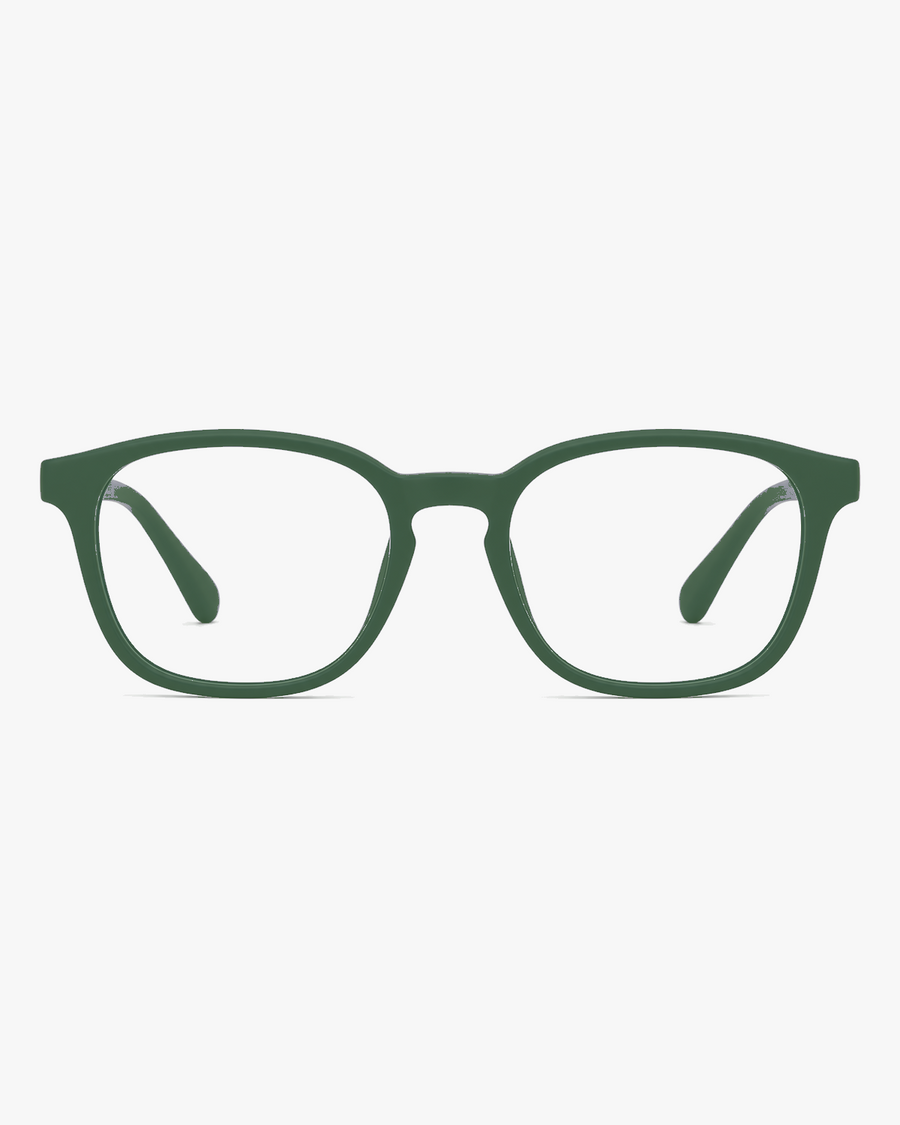 Mini Flex Kids Frames in Forest Green, front view on a light gray studio background
