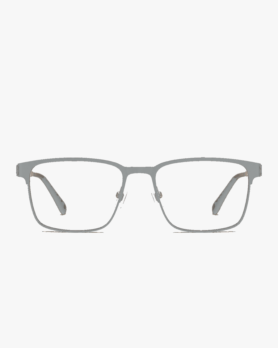 Ridge Titanium Optical Frames in Brushed Silver, front view on a light gray studio background