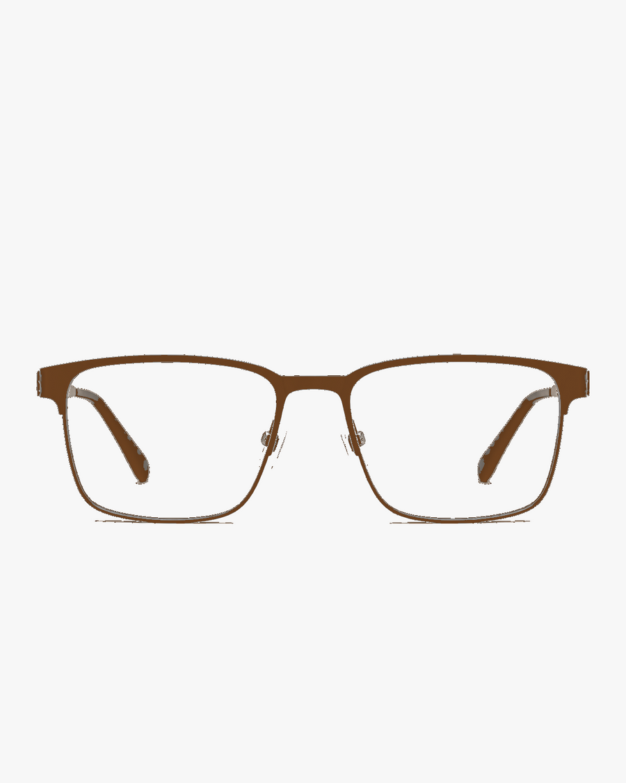 Ridge Titanium Optical Frames in Tortoise Gunmetal, front view on a light gray studio background