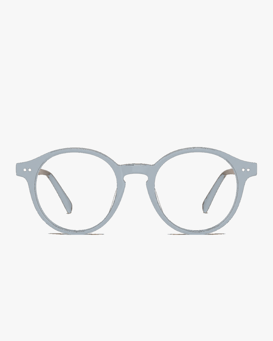 Rowan Round Optical Frames in Crystal Grey, front view on a light gray studio background