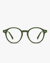 Rowan Round Optical Frames in Olive Smoke, front view on a light gray studio background