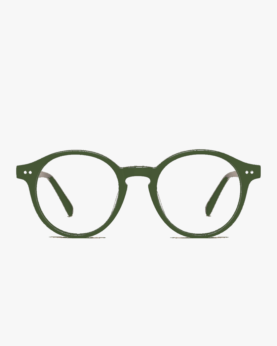 Rowan Round Optical Frames in Olive Smoke, front view on a light gray studio background