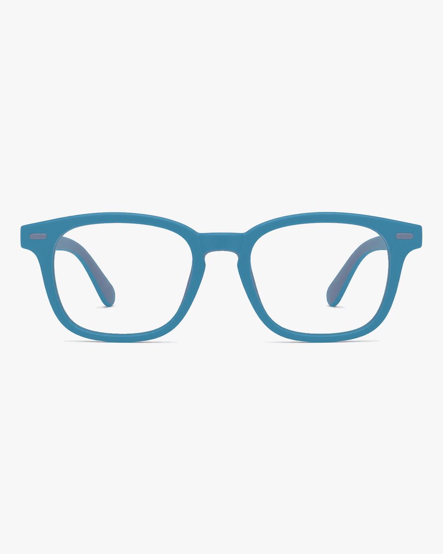 Scout Kids Optical Frames in Clear Aqua, front view on a light gray studio background