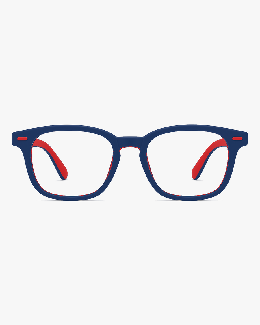 Scout Kids Optical Frames in Navy Red, front view on a light gray studio background