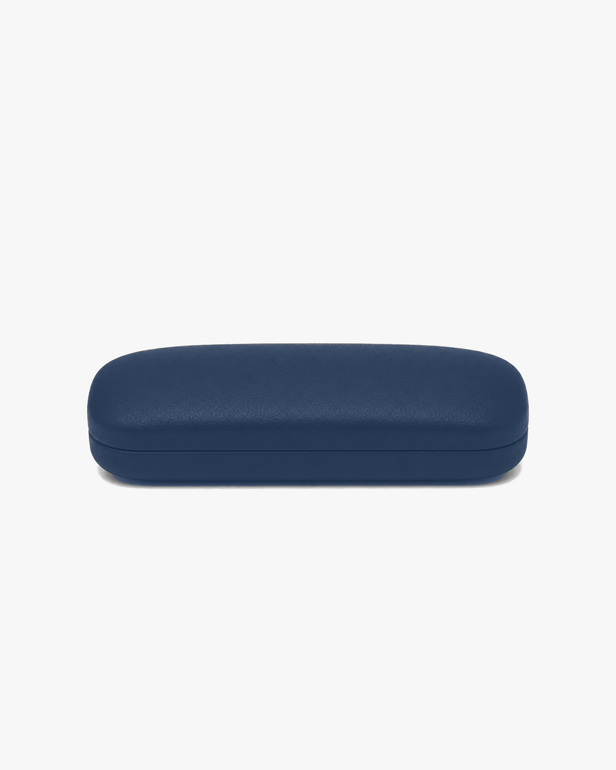 Slim Hard Glasses Case in Navy, front view on a light gray studio background