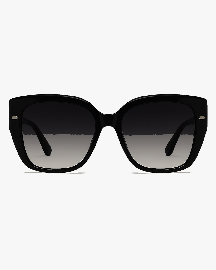 Solstice Oversized Sunglasses in Black and Gradient Smoke, front view on a light gray studio background