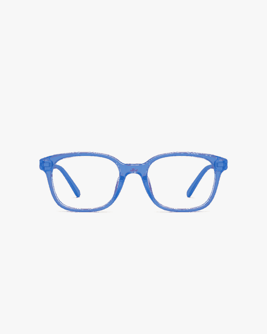 Sprout Flex Kids Blue Light Glasses in Berry Blue, front view on a light gray studio background