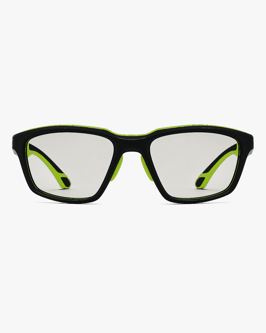 Trail Kids Sport Glasses in Black Lime, front view on a light gray studio background