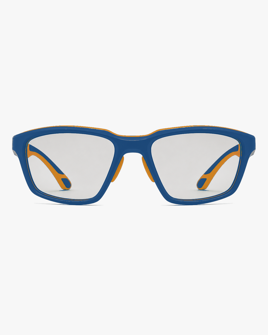 Trail Kids Sport Glasses in Blue Orange, front view on a light gray studio background