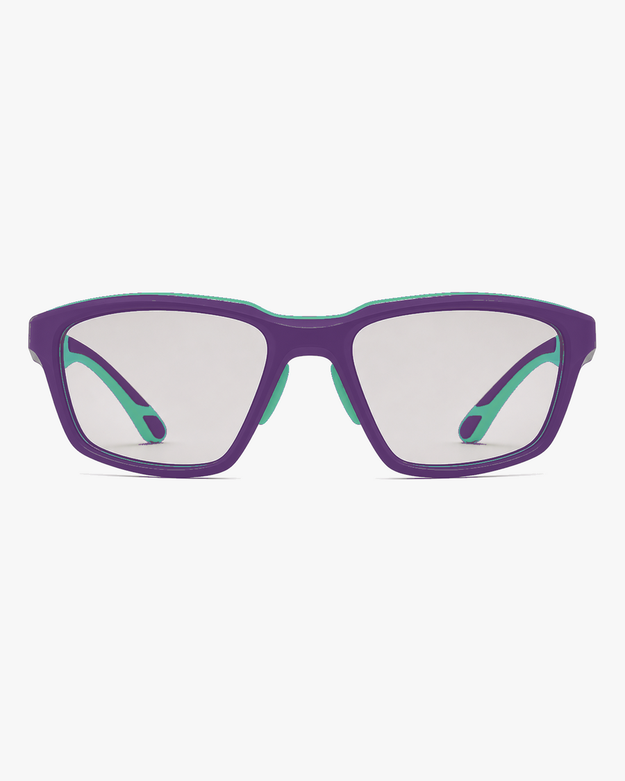 Trail Kids Sport Glasses in Purple Aqua, front view on a light gray studio background