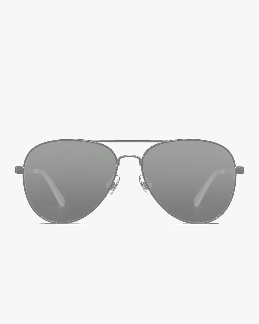 Vela Aviator Sunglasses in Silver and Smoke, front view on a light gray studio background