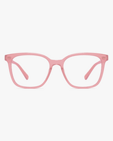 Willow Blue Light Glasses in Blush Pink, front view on a light gray studio background
