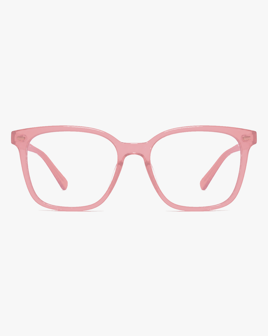 Willow Blue Light Glasses in Blush Pink, front view on a light gray studio background