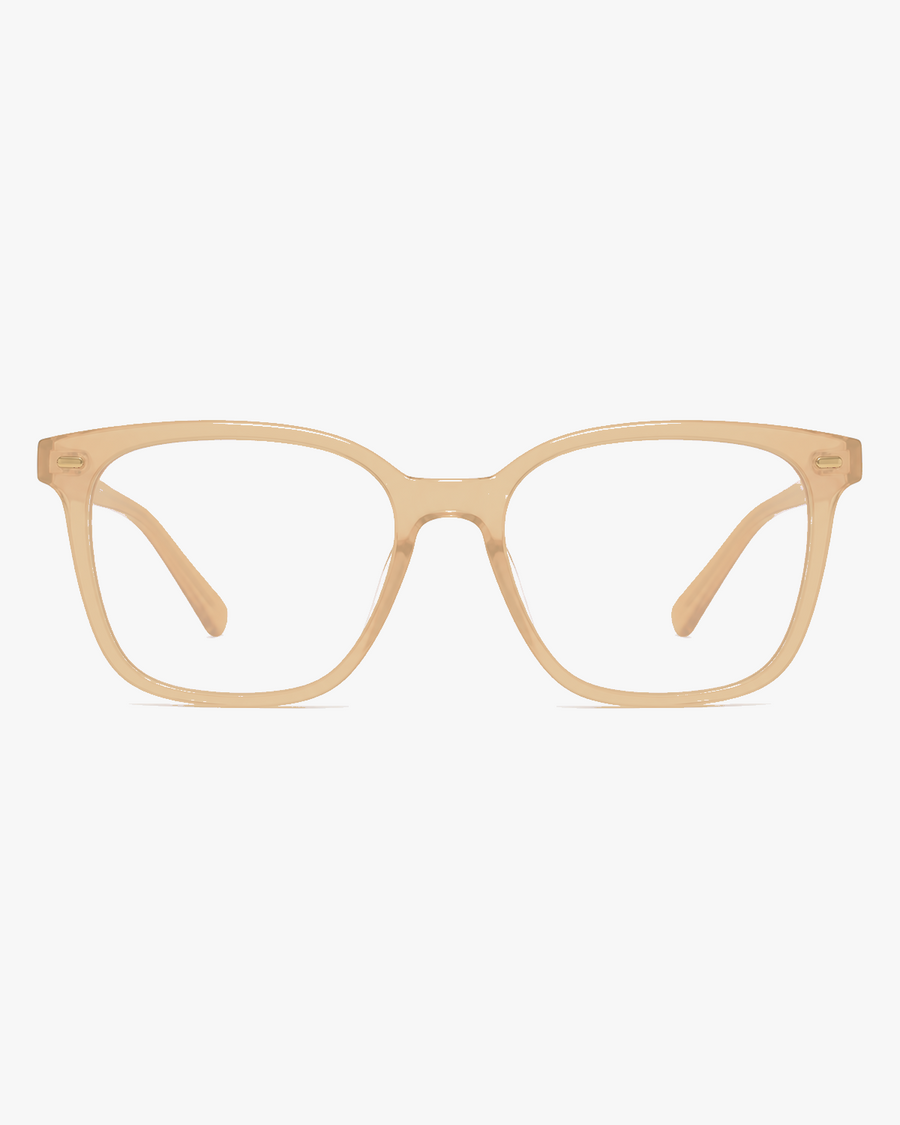 Willow Blue Light Glasses in Clear Champagne, front view on a light gray studio background